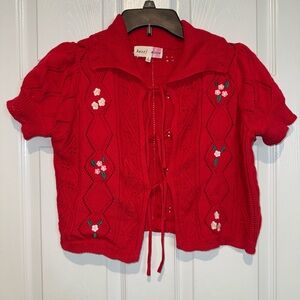 Hazel Moon Red Cardigan with Floral Embroidery. Size S